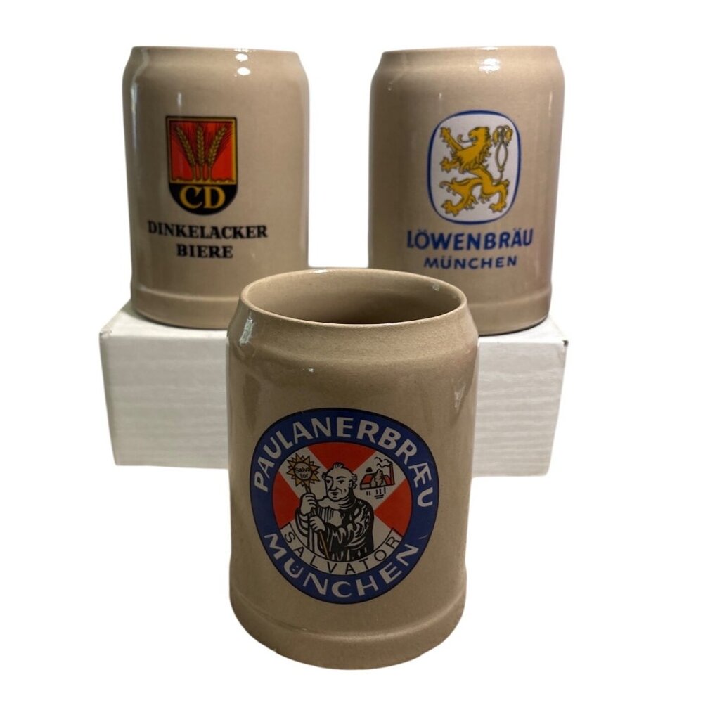 GERZ German Beer Stein Set 0.5L Löwenbräu Paulaner Dinkelacker Munich Stoneware